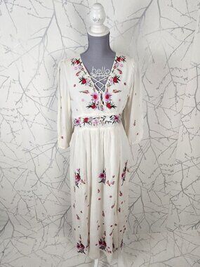 Chicwish Floral Embroidered Crinkle Lace Up V-Neck Long Dress